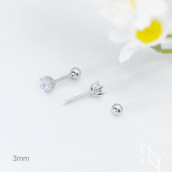 Solid Silver 6 prongs CZ Diamond Stud Screw bakcks Earrings-ESB022 Silver 3mm - Picture 5 of 10